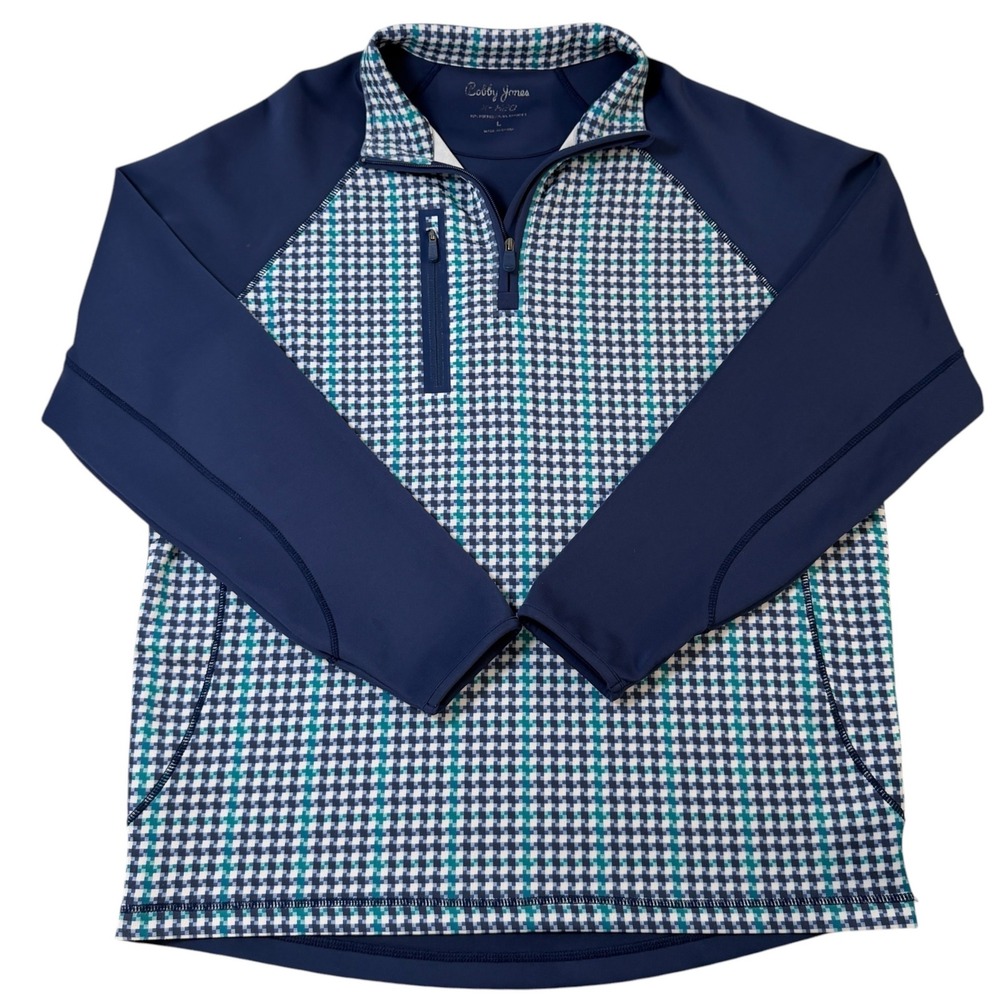 Bobby Jones X-H2O Mens Large 1/4 Zip Golf Pullover Navy Blue Gingham Performance